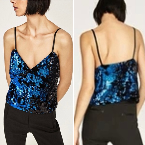 ZARA Juliette Strappy Blue Sequin on Black Velvet‎ Tank Top Camisole Size Small - Picture 1 of 16